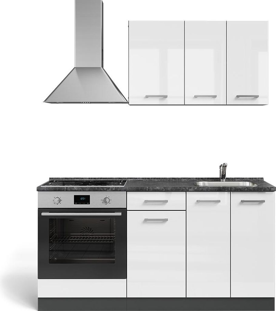 A modern, white high-gloss kitchen unit with a silver extractor hood.