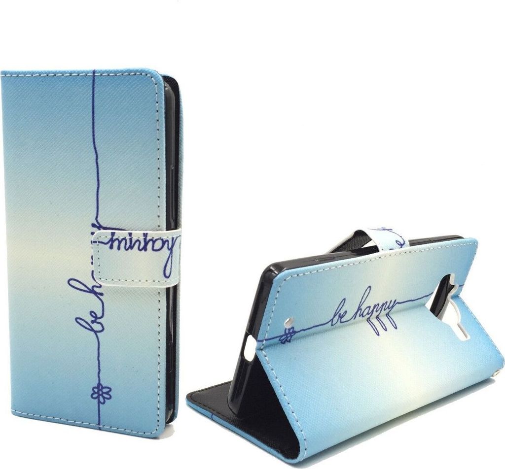 Handyhülle Tasche für Handy Microsoft Lumia 950 Schriftzug Be Happy Blau