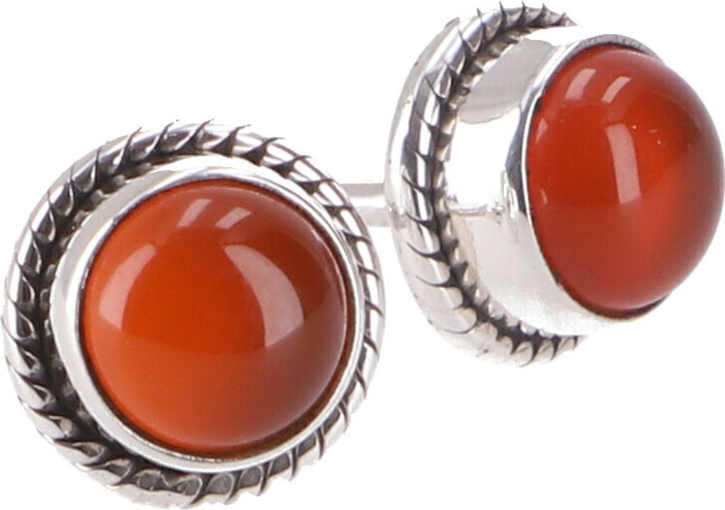 Indische Silber Ohrstecker, Runder Boho Ohrstecker mit Verzierung - Karneol, Rot, SterlingSilber, Silberohrringe