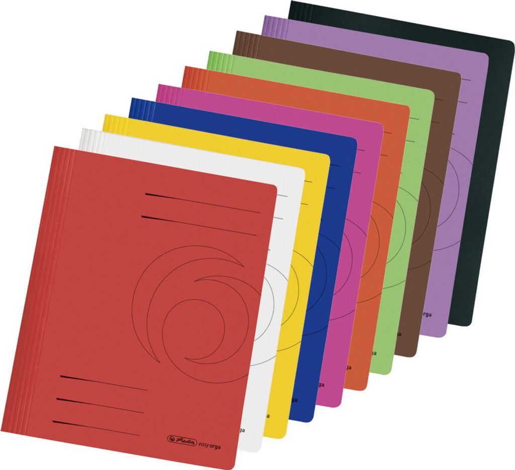 A fan of colorful folders is arranged in a diagonal line.