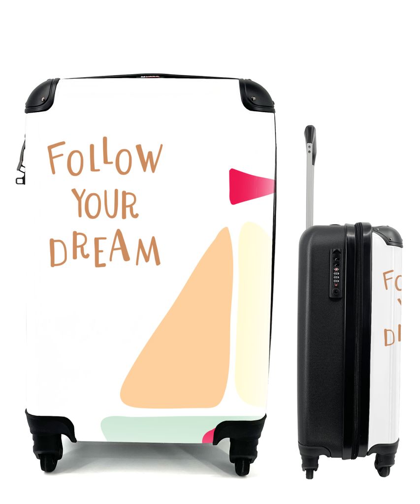 MuchoWow Koffer Handgepäck Trolley Rollkoffer Kleine Reisekoffer mit 4 Rollen - Illustration mit dem Zitat "Folge deinem Traum" und einem Segelb...