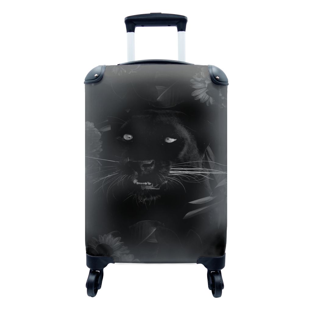 MuchoWow Koffer Handgepäck Trolley Rollkoffer Kleine Reisekoffer mit 4 Rollen - Botanischer Panther auf schwarzem Hintergrund - schwarz und wei...