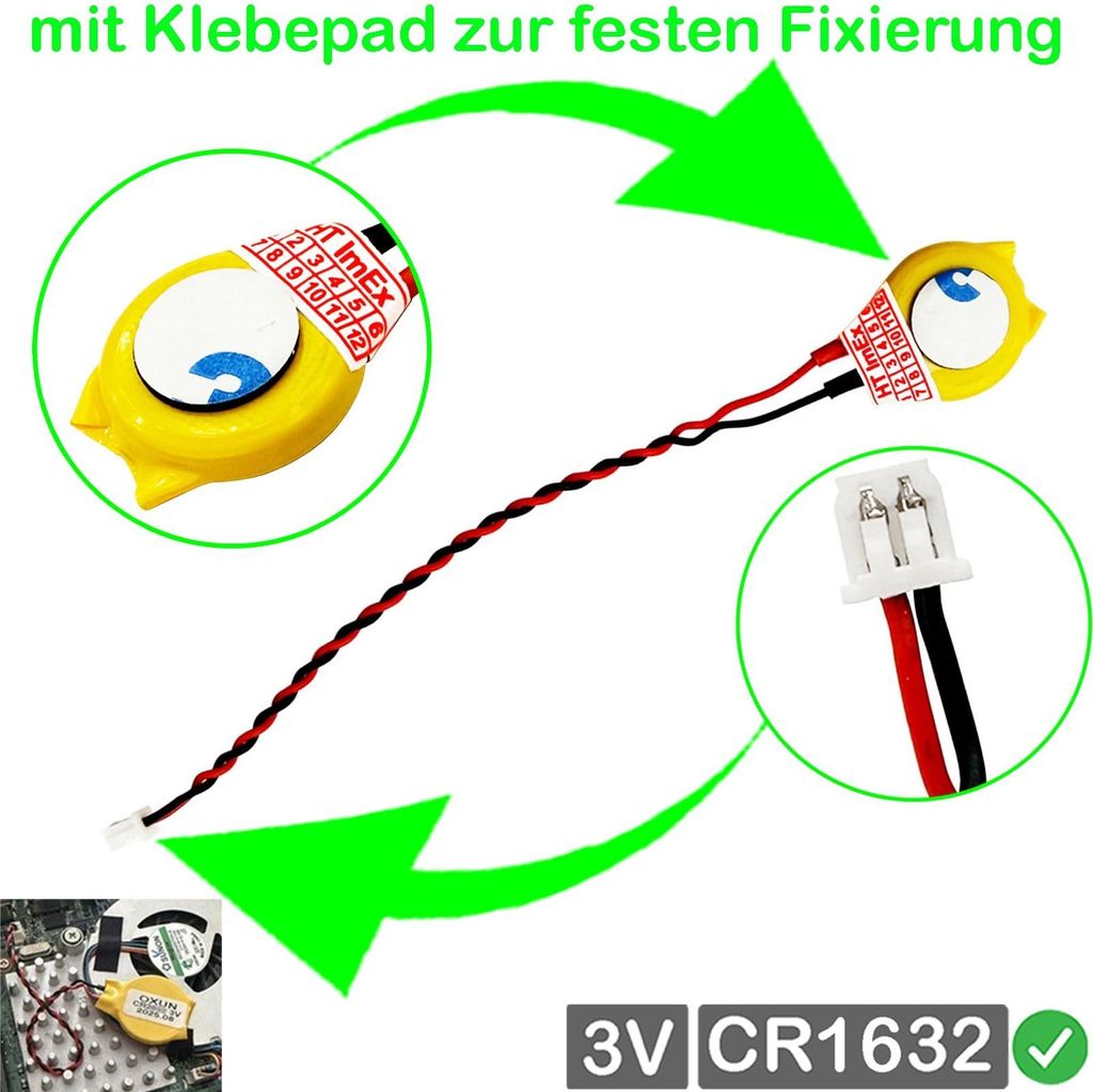 RTC CR1632 BIOS CMOS Batterie Knopfzelle Akku Battery mit Steckerkabel für Lenovo ThinkPad T440 20B6007JMD, T440 (20B7S1QP03)