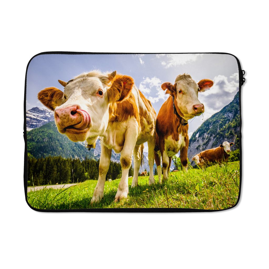 MuchoWow Laptop Hülle 13 Zoll Kühe - Berge - Gras - Landschaft - Alpen Laptoptasche - Laptophülle - Sleeve - Rundumschutz