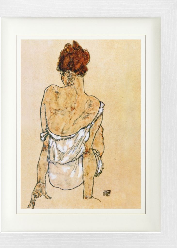 Egon Schiele Gerahmtes Bild Mit Edlem Passepartout | Wand-Bilder | Im Bilderrahmen - Sitzende In Unterwäsche Rückenansicht, 1917 (40 x 30 cm)