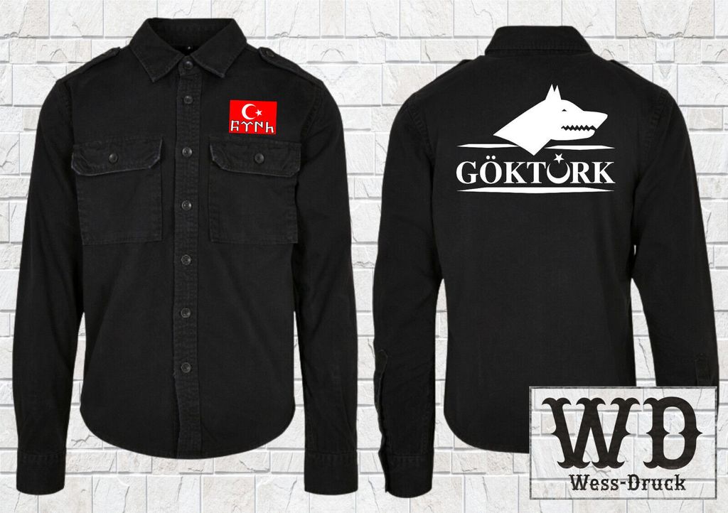 Vintage Hemd bestickt mit Göktürk Schwarz/Weiß 3XL