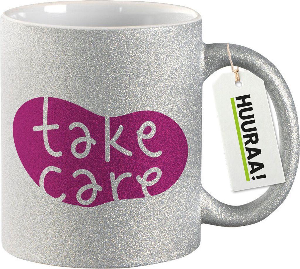 Huuraa Glitzertasse Take Care Batch 330ml Silber Keramik Kaffeebecher Geschenkidee