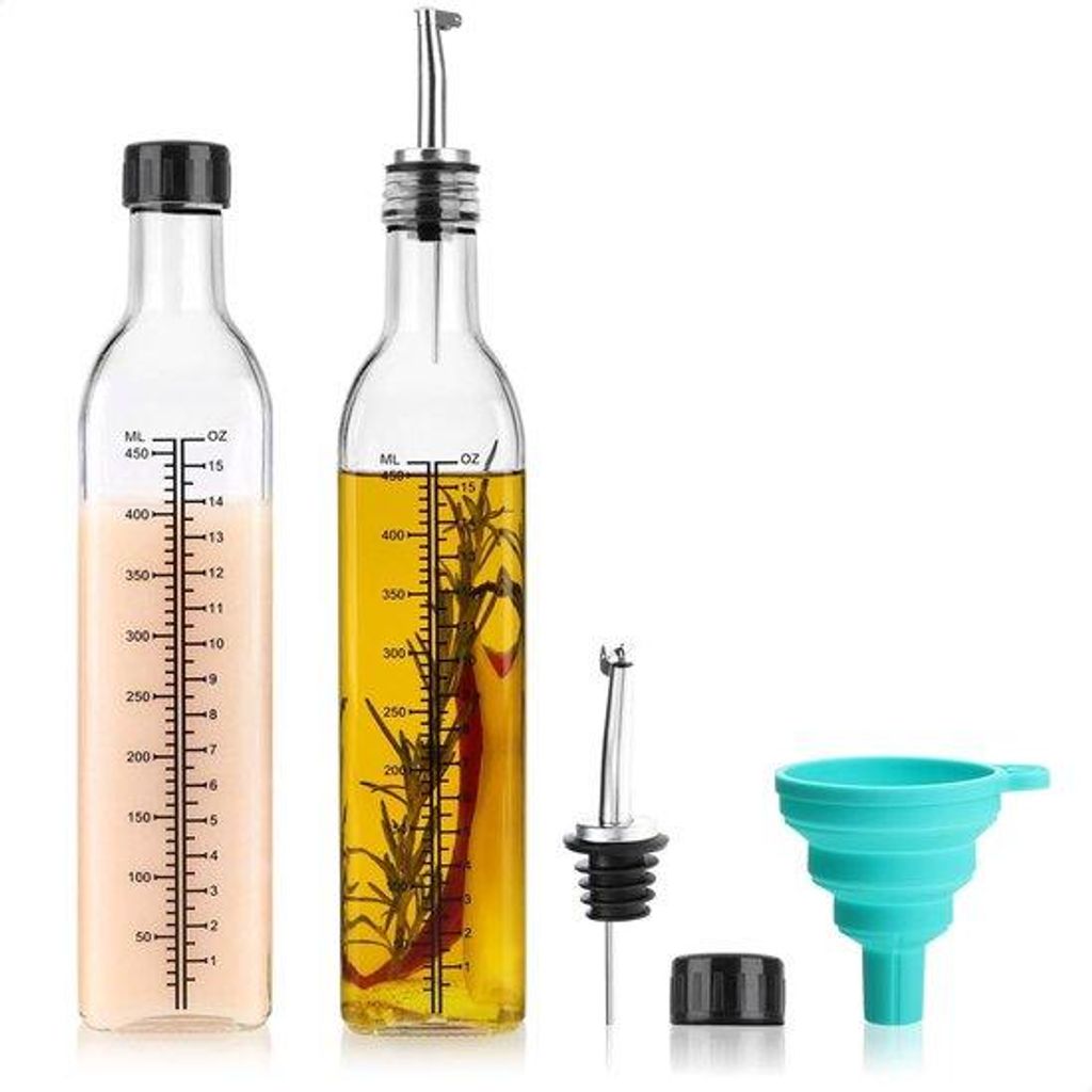 Öl- und Essigspender aus Glas mit Ausgussbehälter, Schutzklappen, gedruckter Skala und Klapptrichter