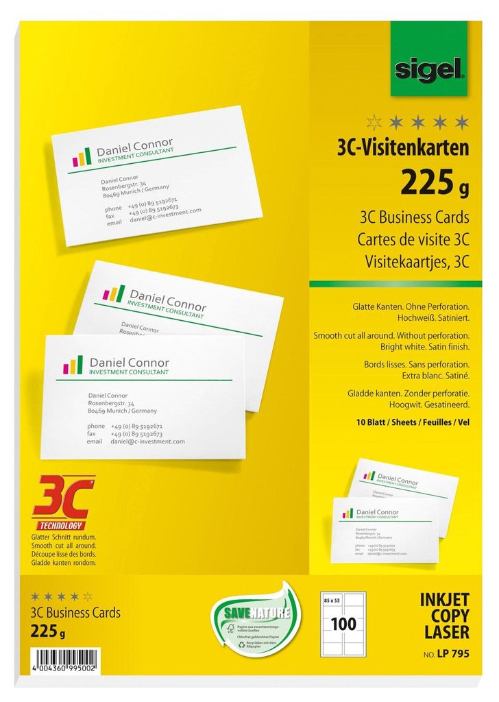 SIGEL LP795 Visitenkarten, 3C, hochweiß, 225 g/m², 85x55 mm, 100 ST=10 BL