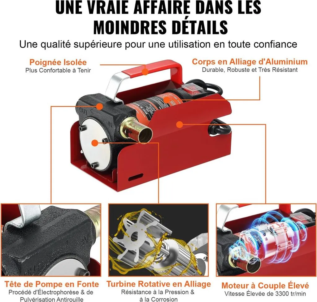 Pompa di trasferimento carburante, 12 V CC, 10 GPM, prevalenza 26,2 piedi, kit pompa elettrica portatile per trasferimento diesel con ugello di spegnimento automatico, tubo di mandata e aspirazione per diesel, cherosene, olio per trasformatori - 6