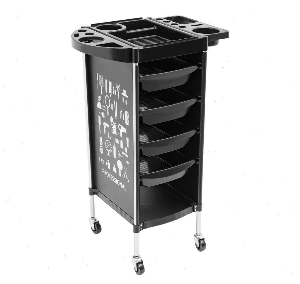 Salonwagen/Friseurwagen - Rollwagen - 4 Schubladen - Metallrahmen - Kunststoffschubladen - Tragkraft 30–50 kg - 37×34×88 cm - Schwarz