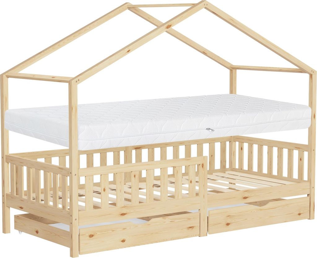 ML-Design Kinderbett Hausbett 90x200 cm Natur mit Matratze Produktbild 