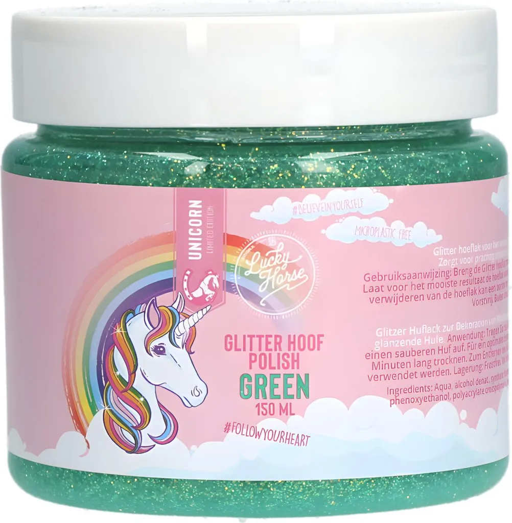 Lucky Horse Smalto Glitterato Verde per Zoccoli | Shine & Care per Cavalli - 1