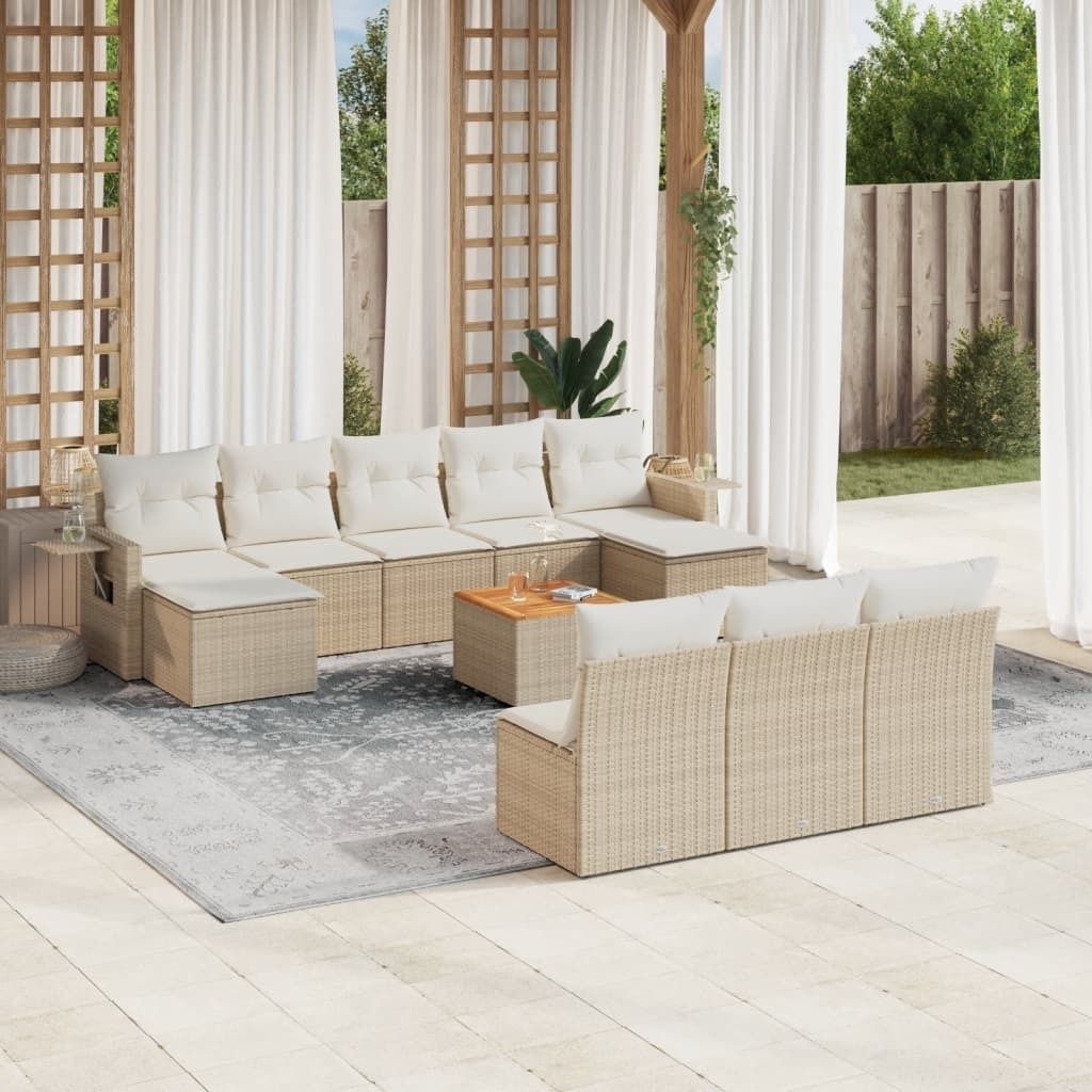 11-tlg. Garten-Sofagarnitur mit Kissen Beige Poly Rattan 3257101