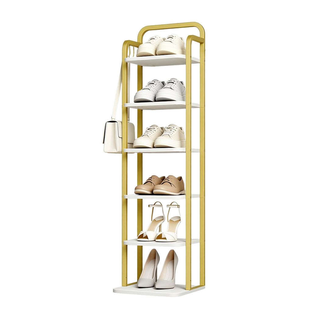 Vertikales Schuhregal, 6-Stöckige, Platzsparend, Weiß Gold Produktbild 