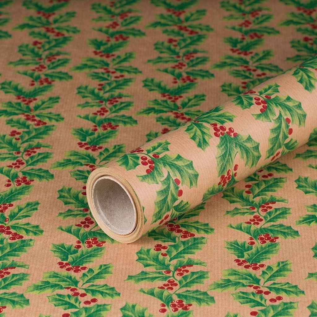 Geschenkpapier für Weihnachten, Ilex, Rot, Grün, 0,70 x 10 m - Weihnachtspapier