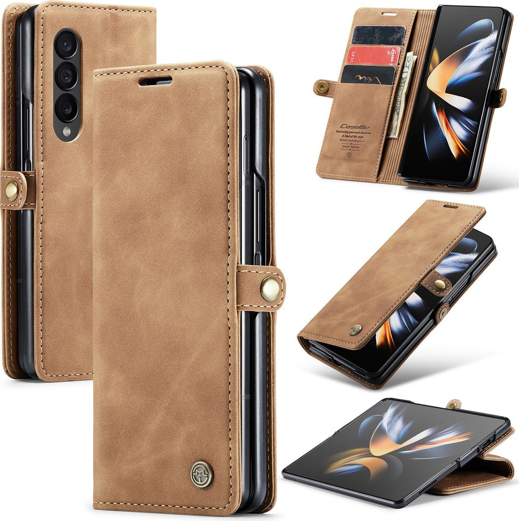 Galaxy Z Fold4 Hülle, Retro Kunstledertasche mit Standfunktion Schutzhülle für Samsung Galaxy Z Fold 4 5G Braun