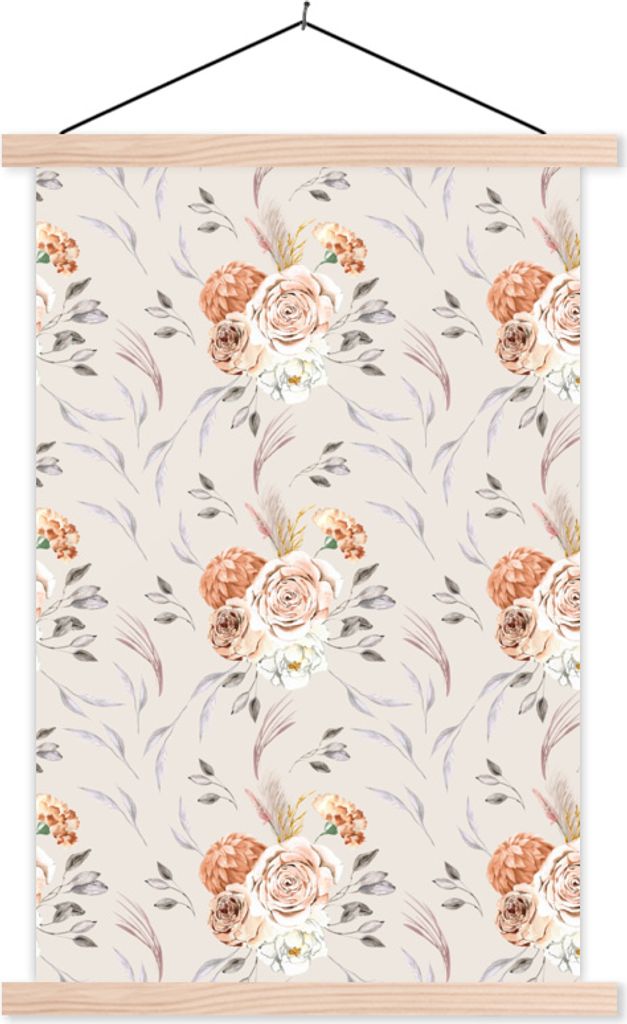 MuchoWow Textilposter Blumen - Blätter - böhmisch 120x180 cm mit holzfarbenen Rahmen - Textil-Plakat