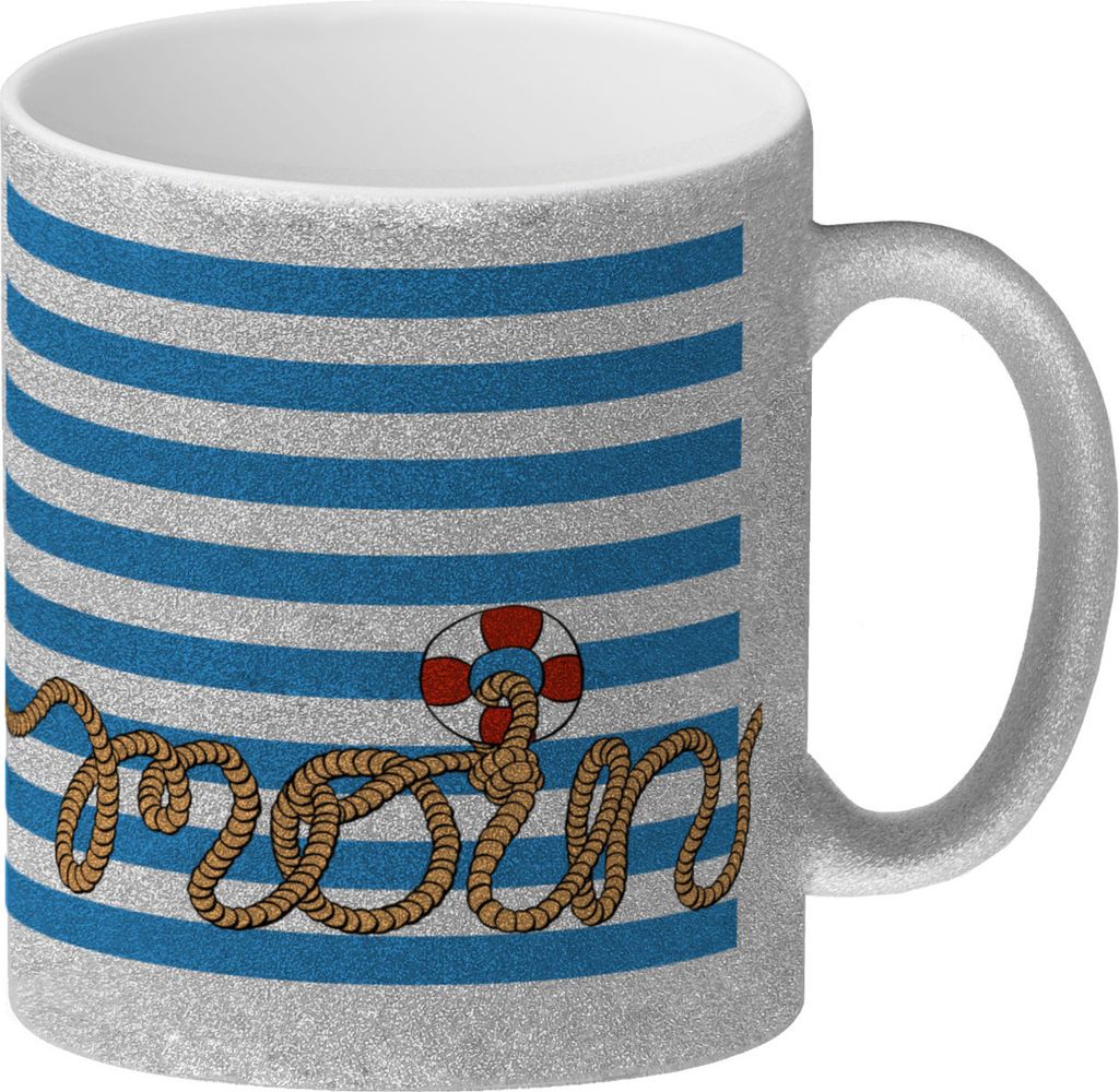Glitzer-Kaffeebecher mit Moin-Schriftzug und Rettungsring