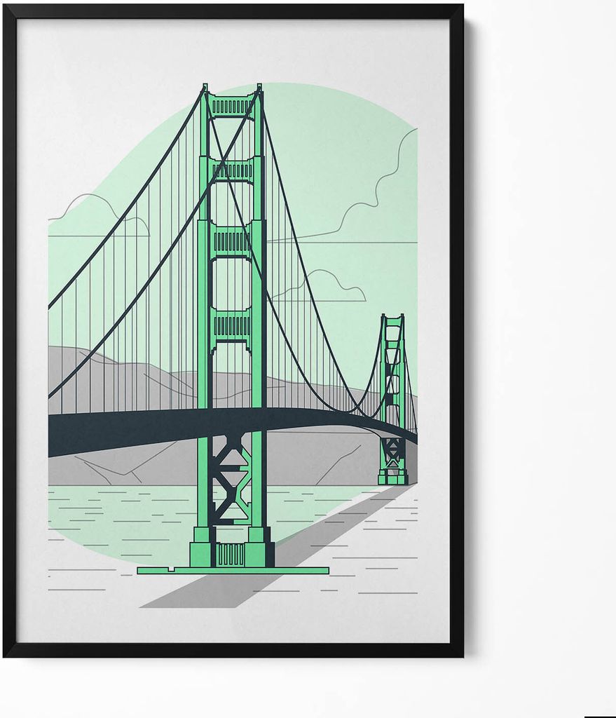 Zeichnung der Golden Gate Bridge– Wandbild mit Rahmen – Gerahmtes Bild – Wanddekoration – 70x100 cm – Schwarz Rahmen