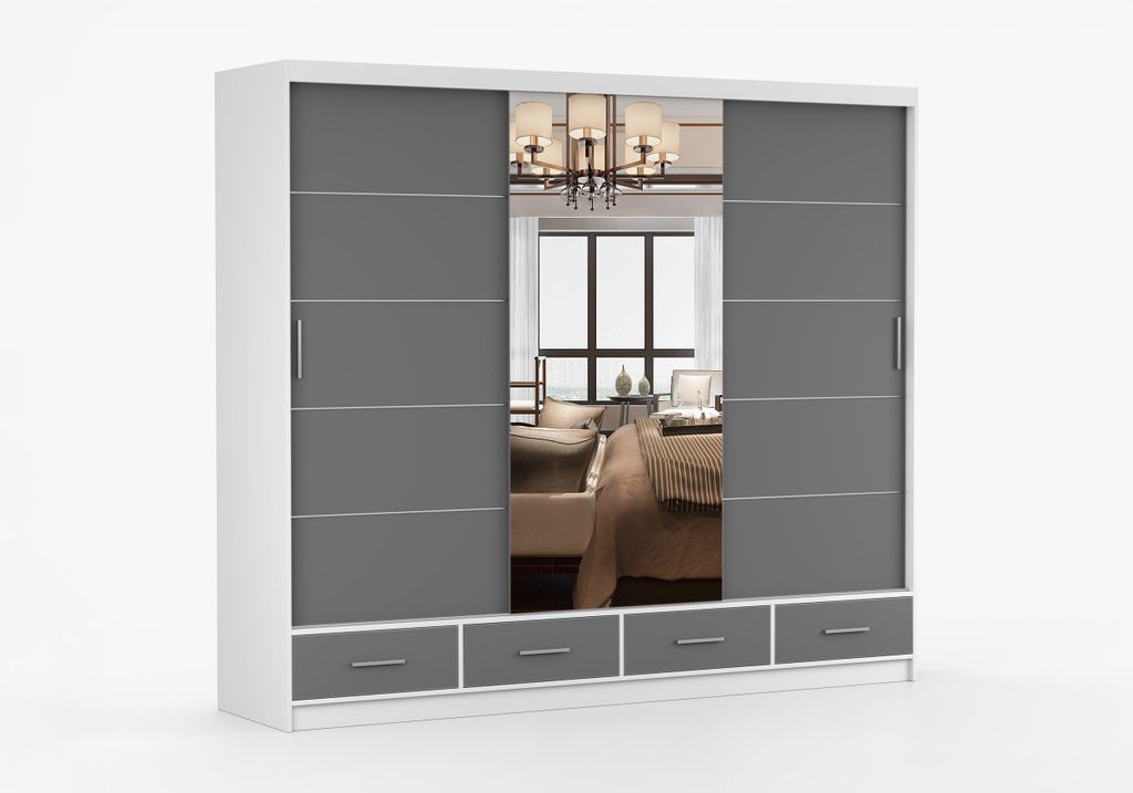 FRENCE Schwebetürenschrank 253 cm Weiß Matt/Grau mit Spiegel, großer Kleiderschrank 2-türig mit Schubladen