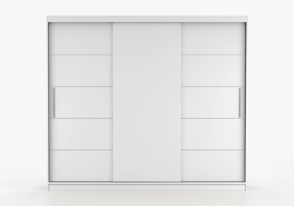 Schwebetürenschrank ABLA II 250 cm Weiß, Kleiderschrank 3 Türen, Garderobenschrank mit 9 Fächern & Kleiderstange