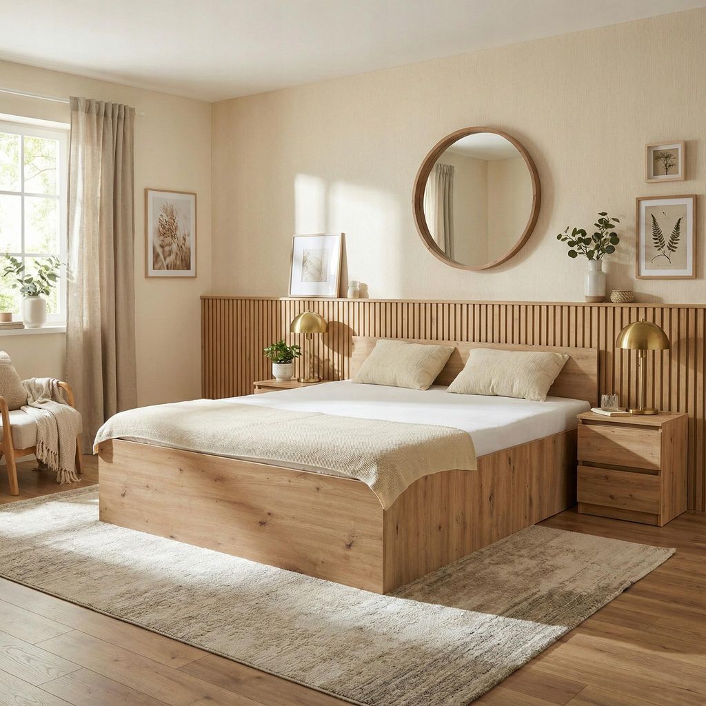 Komvortowy | Bett 160x200 Cm | Doppelbett Mit Metall-Lattenrost | EICHE ARTISAN | Matratze 16 cm H3/H4 | Bettkasten Ohne Bodenplatte