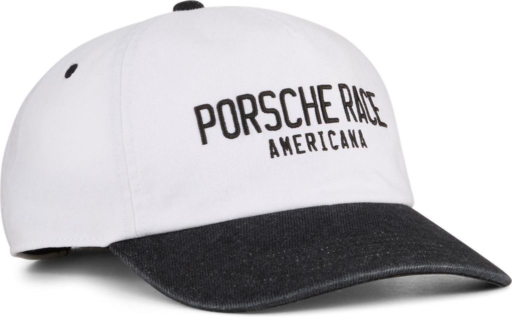 Porsche Dad Cap Americana, Offizieller Fanartikel, Weiße Cap mit schwarzem Schirm & Frontstick, Verstellbar, Puma