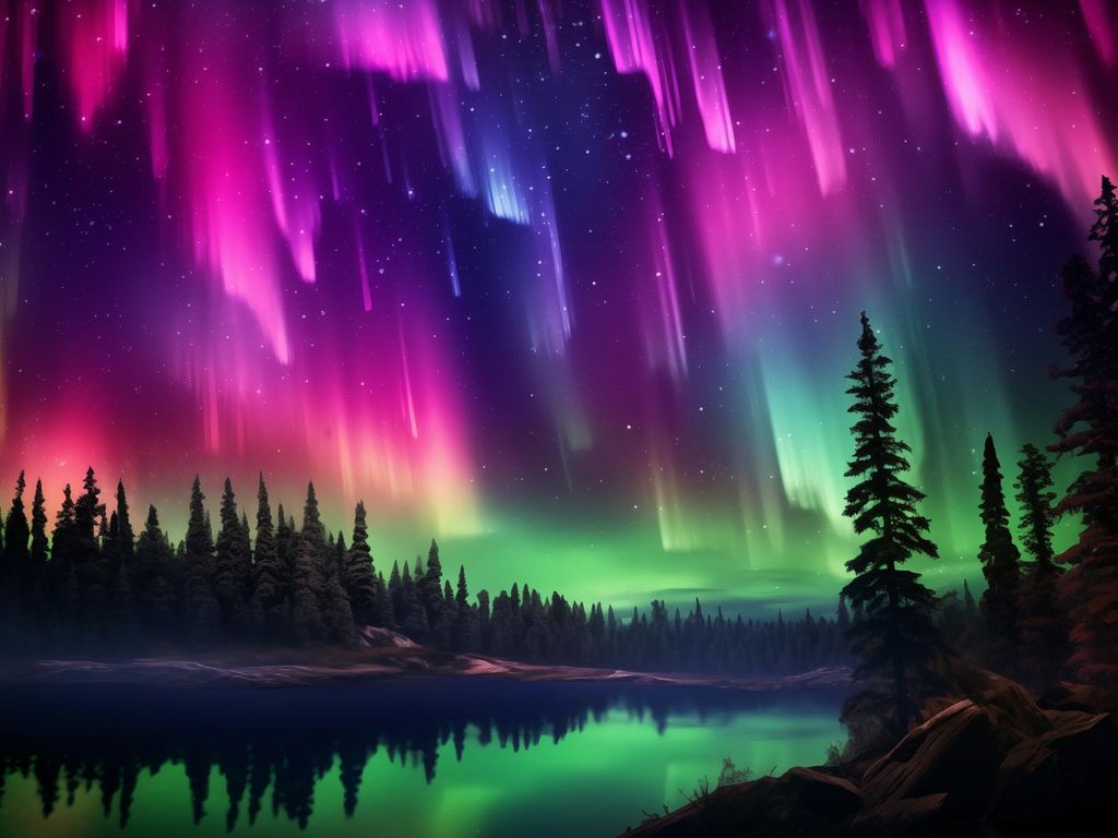 Plakat 20x15cm Nordlichter über dem Wald