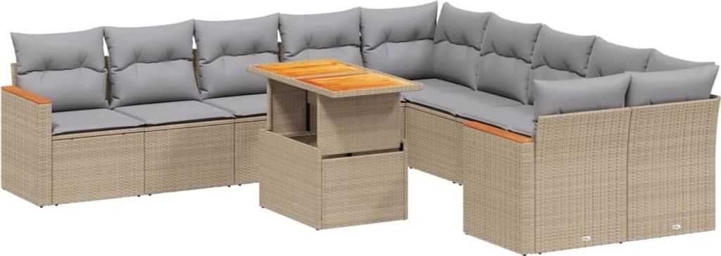 vidaXL 11-tlg. Garten-Sofagarnitur mit Kissen Beige Poly Rattan