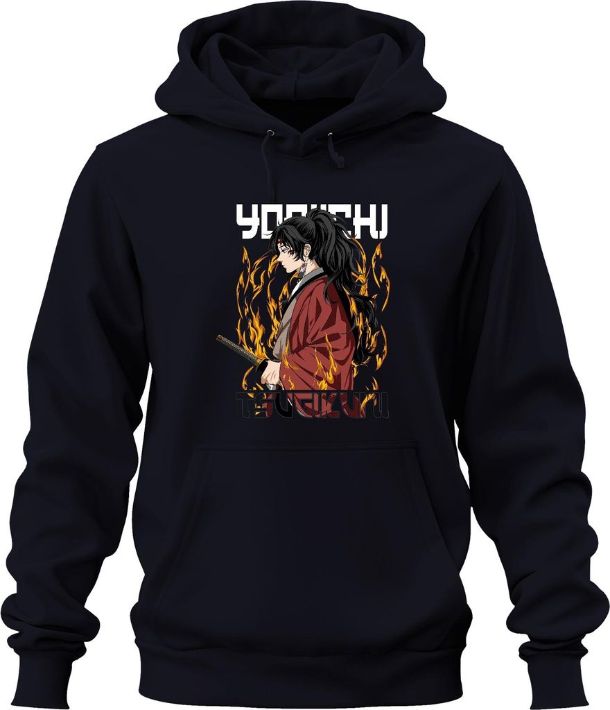Samurai Katana Anime Flammen Kriegerin Pferdeschwanz Geschenk Uni Hoodie Kapuzenpullover, Navy, M