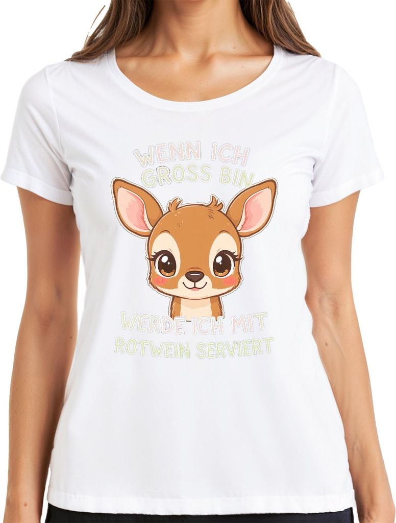 Wenn ich groß bin Rotwein serviert Rehkitz süß Geschenk Wein Damen T-Shirt, Weiß, L