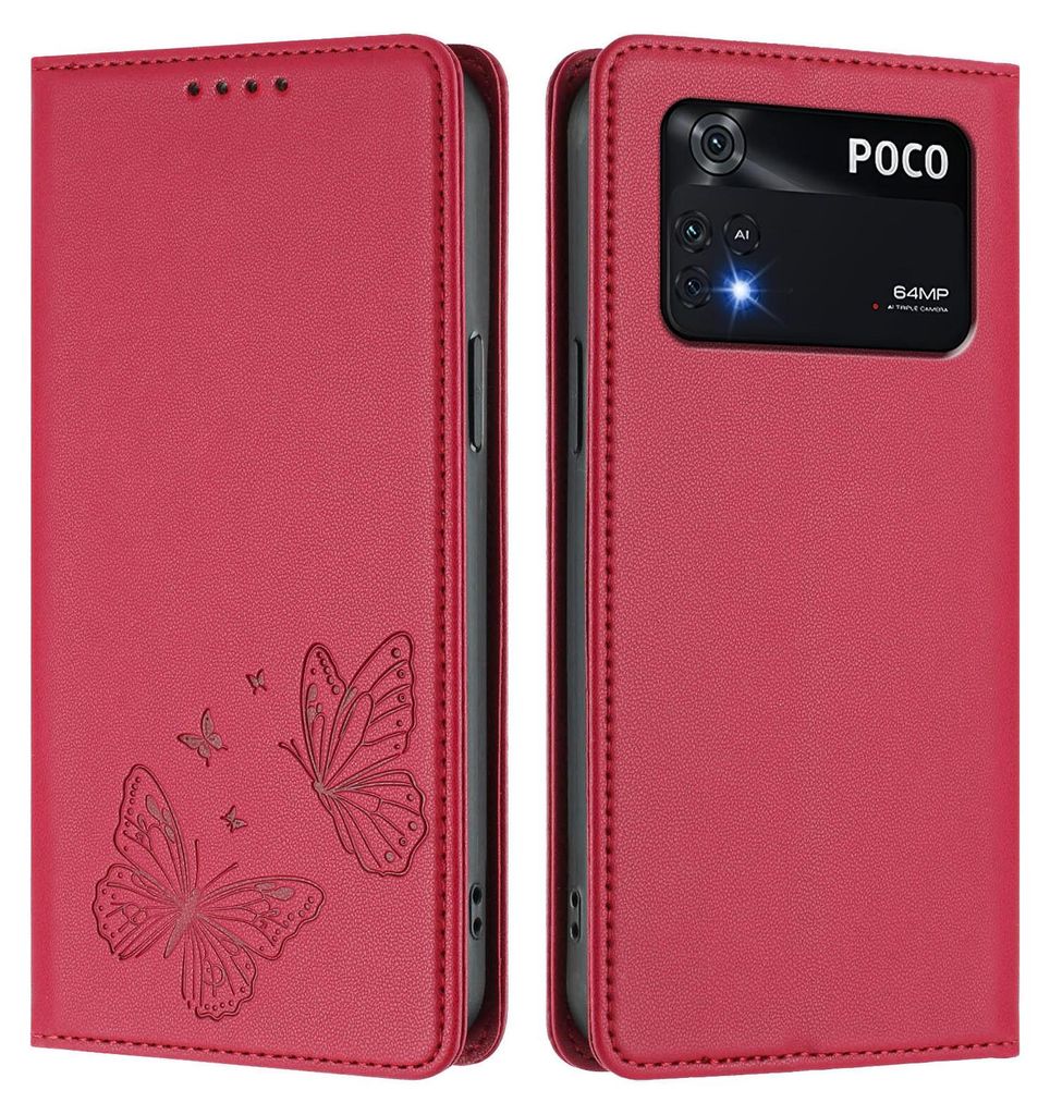 Lederhülle für Xiaomi Poco M4 Pro 4G, Schmetterling Prägung Leder Brieftasche Schutzhülle mit Ständer Rot