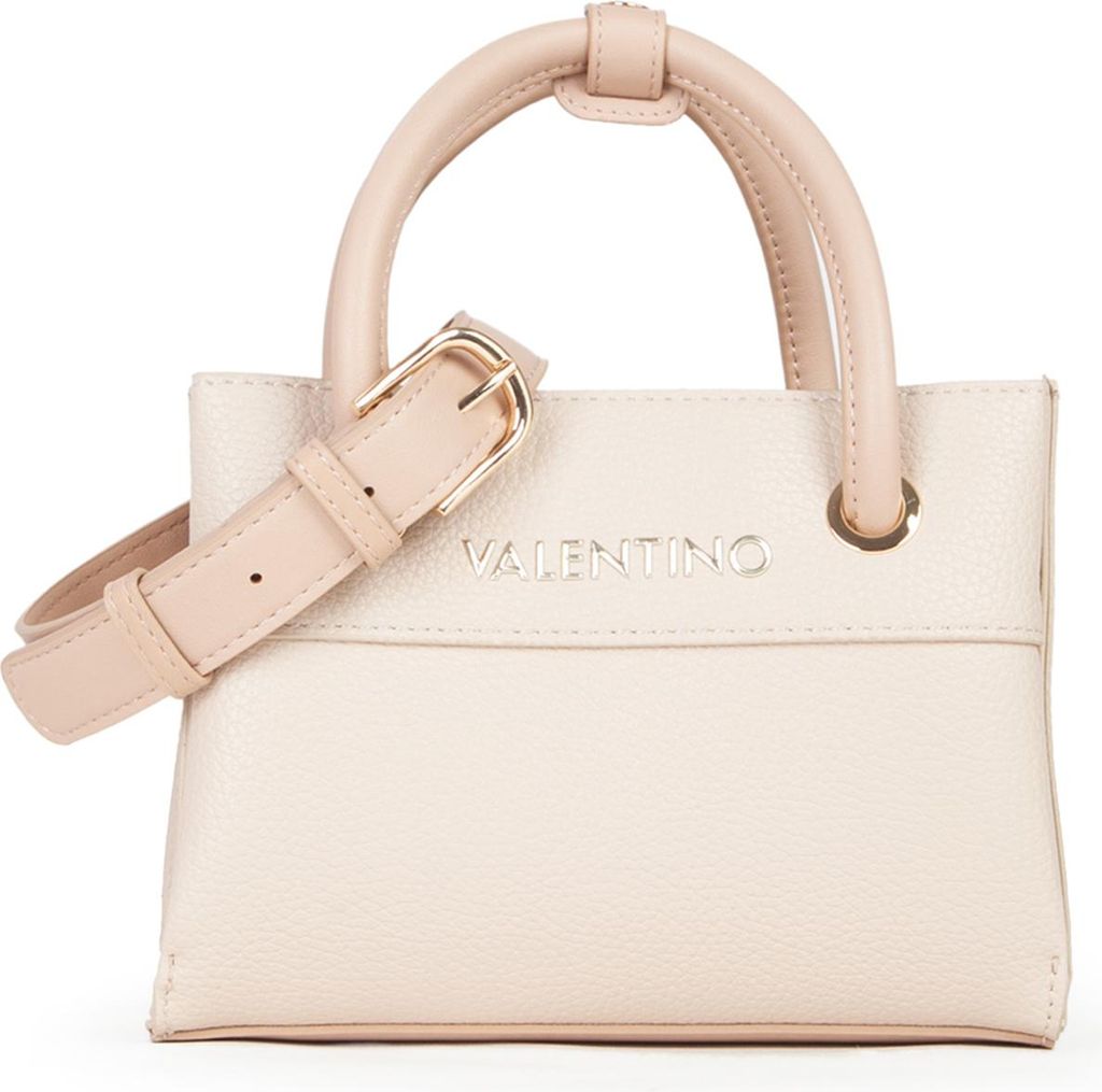 A light cream-colored Valentino handbag with gold hardware is shown against a white background.