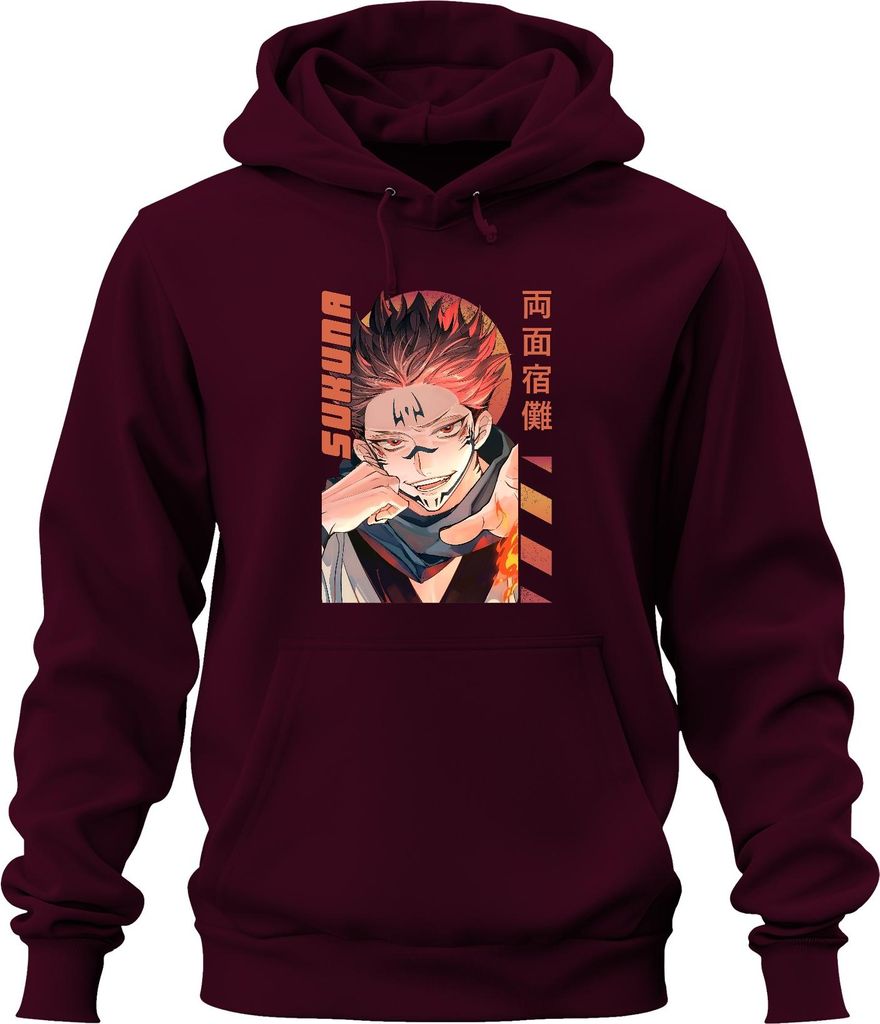 Sukuna Jujutsu Kaisen Ryomen Dämon Flamme Manga Anime Ästhetik Uni Hoodie Kapuzenpullover, Burgundy, 3XL