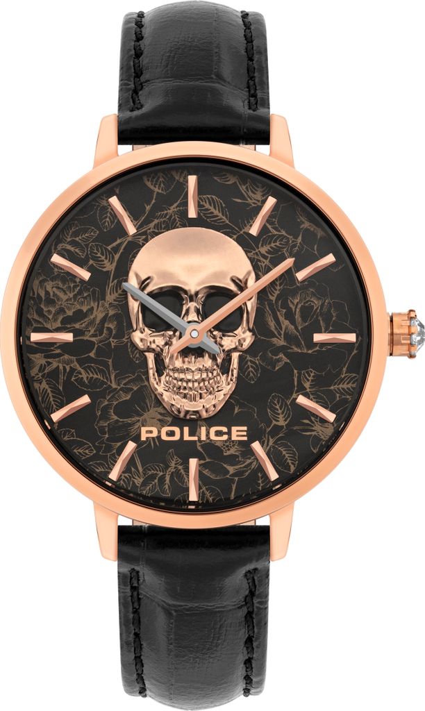 Police Damen Armbanduhr Lederband schwarz mit Totenkopf Produktbild 
