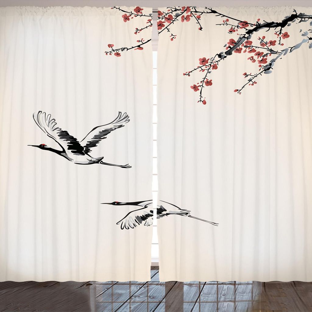 ARANDE Vögel Gardine, Niederlassungen Des Japanen Kirschbaums Mit Fliegenden Schwalben Frühlings Farben, 280 x 225 cm, Rot Grau Ecru