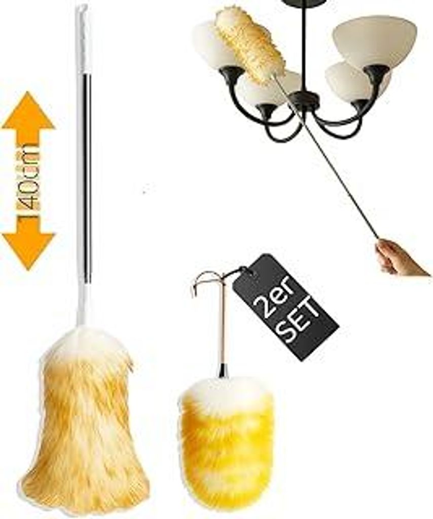 2er Set Staubwedel Wolle Teleskop, Staubbesen Lang Ausziehbar bis 140cm & Klein 30cm, Waschbar, Spinnwebenbesen für Decke, Ventilator & Möbel Kra...