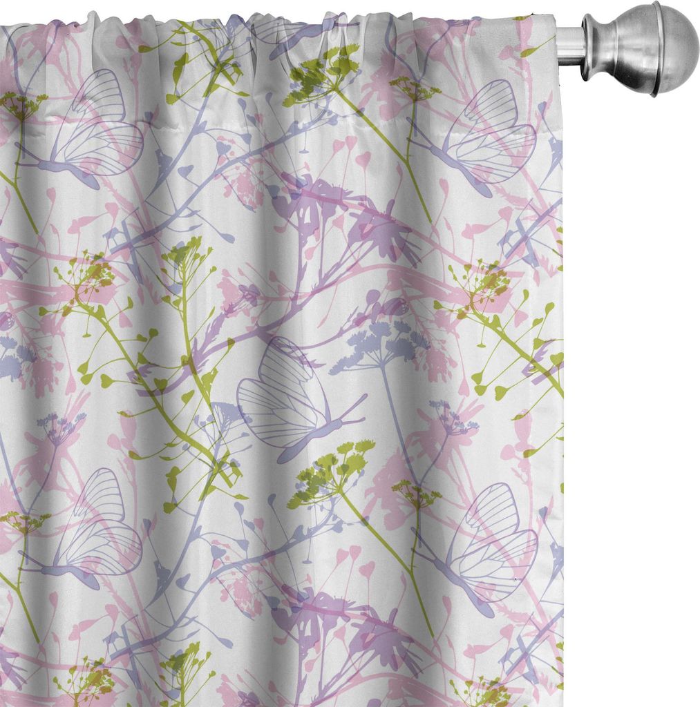 ABAKUHAUS Frühling Vorhänge, Gardinen, Pastellwild Zweige Schmetterlinge Kamille Wiese Kräuter, 2 Stück 75 x 175 cm, Lindgrün Baby Pink