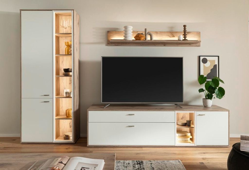 Wohnkombination Santerno 1 | Soft white / Viking Oak | 3-teilig | ohne Beleuchtung