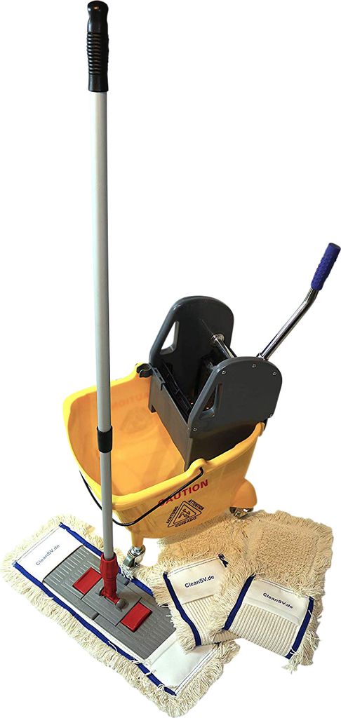 CleanSV Reinigungswagen Wischset Profi Laschenmop gelb 50 cm - 24 Liter 3 x Laschenmop, 1 x Laschenmophalter 1 x Teleskopstiehl