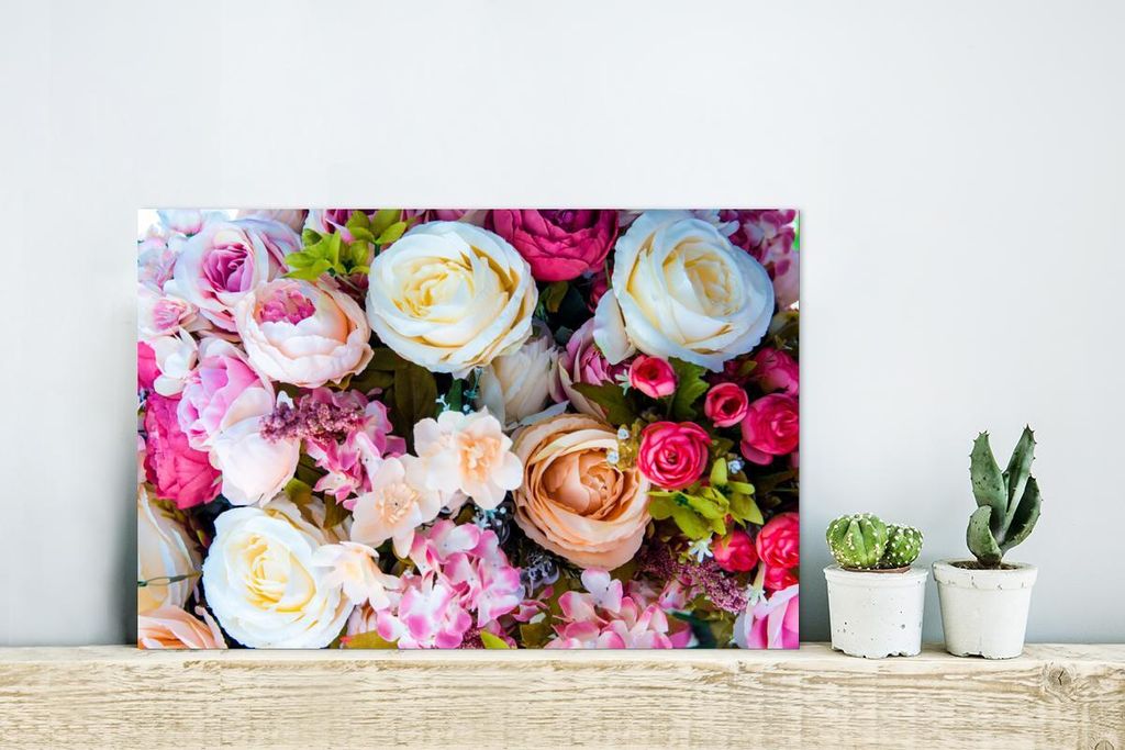 MuchoWow Wanddekoration Metall Metallbild Wandkunst 30x20 cm Rosen - Weiß - Rosa MuchoWow Aluminium Gemälde - Aluminiumgemälder