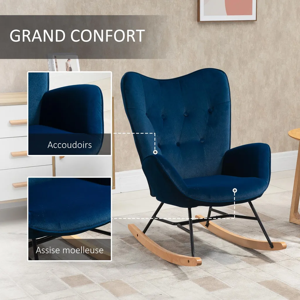 Fauteuil à Bascule Structure Bois et Métal, Assise Moelleuse Bleue