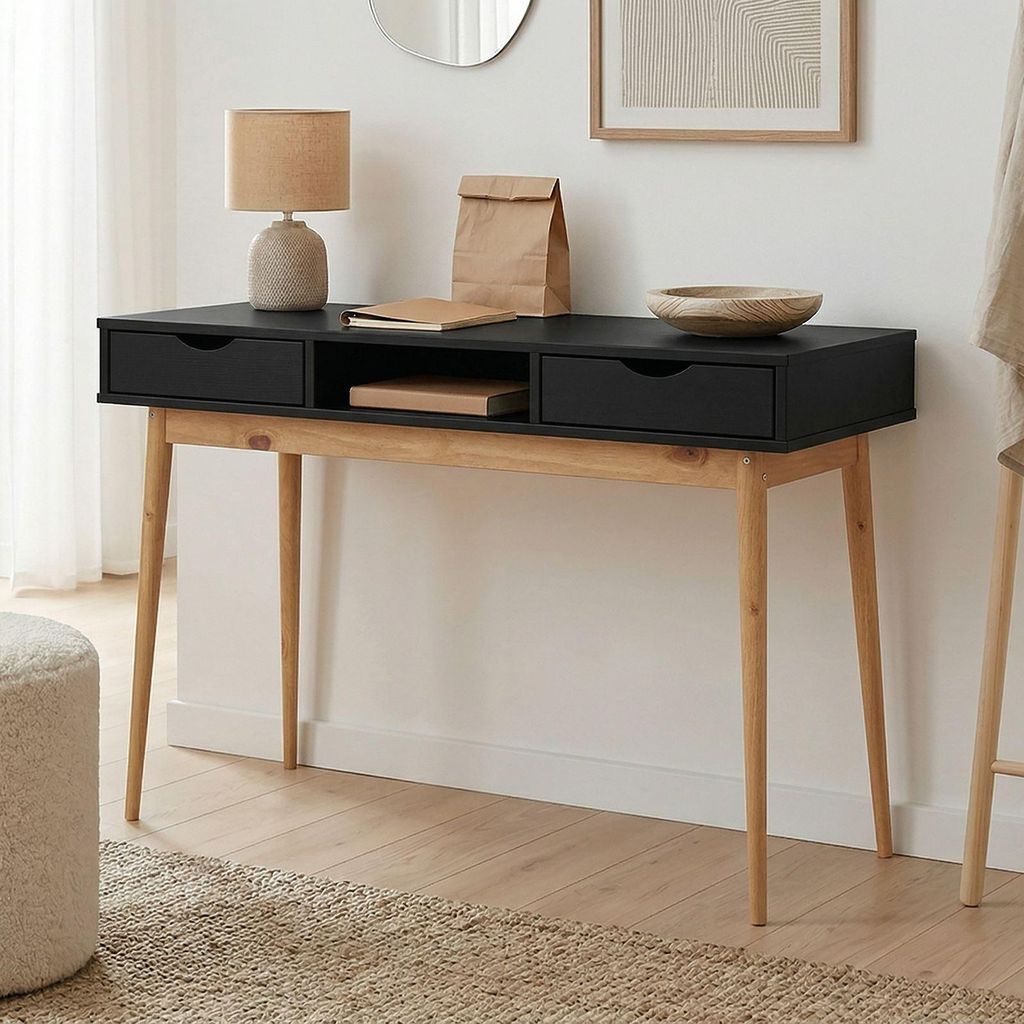 Schreibtisch STEFANO schwarz / Eichefarben - Bürotisch mit 2 Schubladen und Fach aus Massivholz, Home Office Tisch, moderner Arbeitstisch