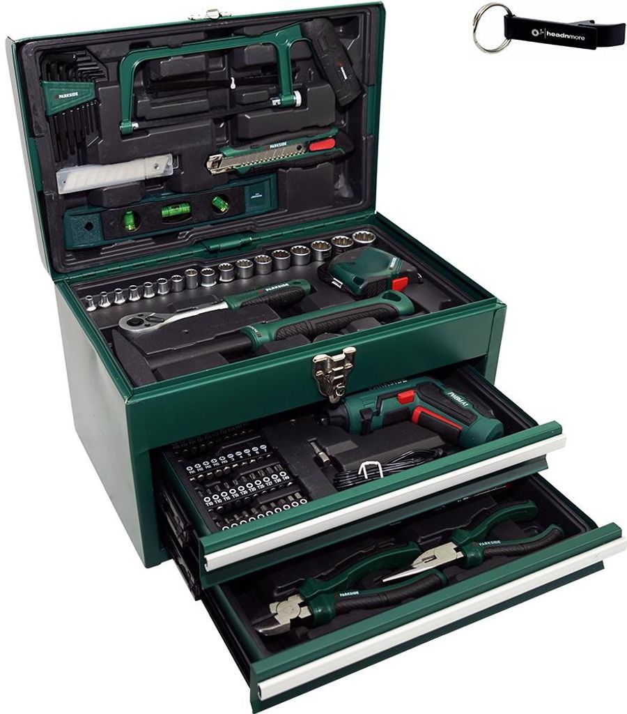 A green metal toolbox filled with various tools, including a drill, wrenches, and sockets, with a keychain in the upper right corner.