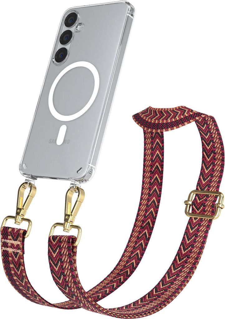 EAZY CASE - Handykette mit MagSafe Hülle für Samsung Galaxy S25 Plus, Handyband ZigZag Style,Karabiner Gold, Umhängeband in Rot