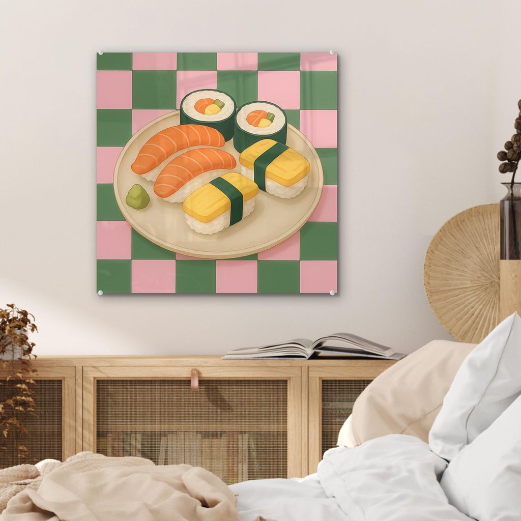 MuchoWow Glasbilder - Bilder auf Wandbild - Foto auf Glas Sushi - Teller - Blockiert - Grün 50x50 cm Wanddekoration aus Glas - Acrylglasbild - Acr...