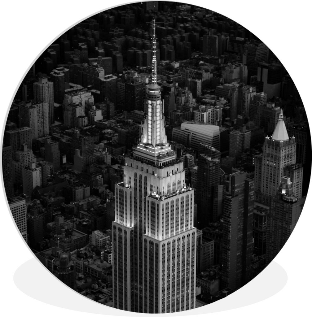 MuchoWow Rundes Wandbild - Runde Bilder Luftaufnahme des Empire State Building - schwarz und weiß Ø 60 cm Kreis Wanddekoration Kunststoff - Wan...