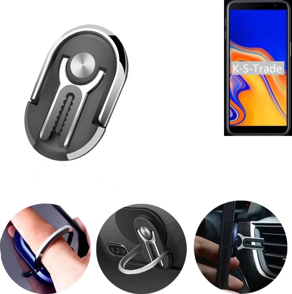 K-S-Trade 3in1 Smartphone-Ring Handy-Ring kompatibel mit Samsung Galaxy J6+ Fingerhalterung Handyring Tischständer Lüftungsgitter-Halterung Tisch
