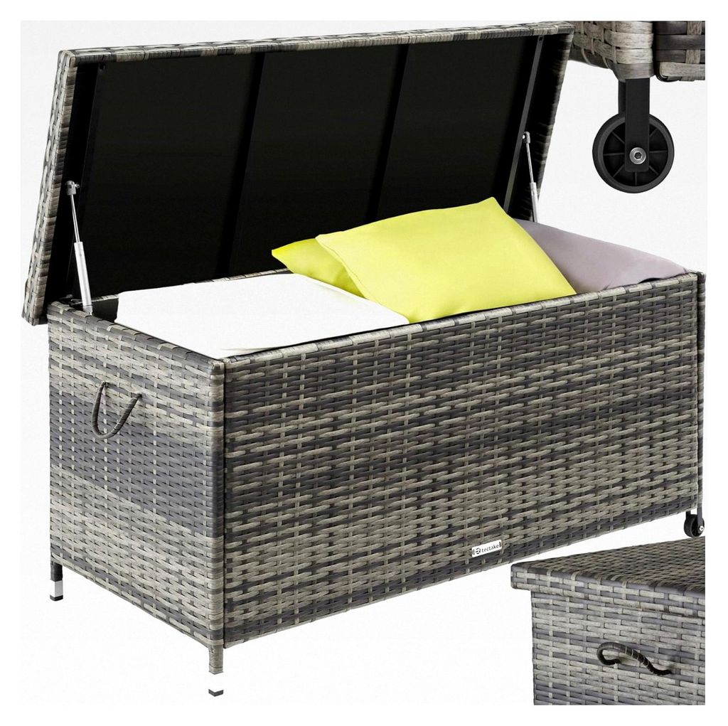 Wetterfeste Poly Rattan Auflagenbox, abschließbare Box mit Deckel, Aufbewahrungskiste für den Außenbereich mit Innentasche, Kissenbox 270L, roll...
